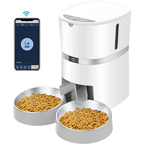 WellToBe Smart Futterautomat Katze & Hund, WiFi Automatischer Futterspender für 2 Katze, Pet Feeder mit Timer, Ton-Aufnahmefunktion, App-Steuerung, Portion Steuerung, zu 6 Mahlzeiten am Tag (Weiß)