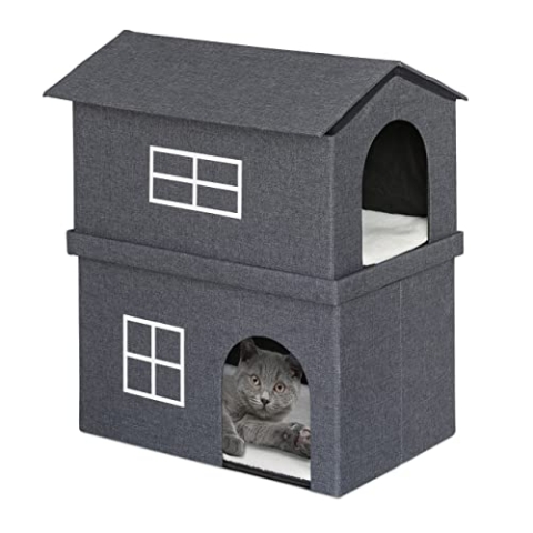 Relaxdays Katzenhaus aus Stoff, Katzenhöhle mit 2 Eingängen, HxBxT: 71,5 x 62,5 x 44 cm, Faltbare Tierhöhle, dunkelgrau