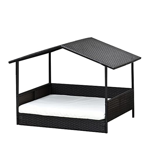 PawHut Rattan Hundeliege Outdoor mit Dach, Erhöhtes Hundebett für kleine und mittelgroße Hunde, Kühlendes Haustierliege mit Metallrahmen, Haustierbett für Draußen, 69 x 98 x 70 cm, Kaffee-Braun