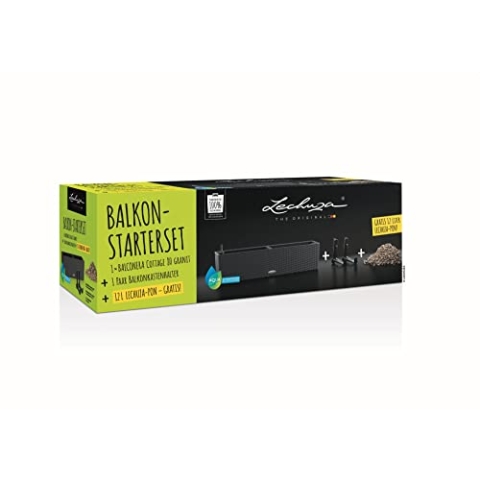 LECHUZA BALCONERA Starter Set (1x BALCONERA Cottage 80 granit + 1 x Balkonkastenhalter schwarz + 12 L PON (gratis PON)), 81 x 25,3 x 21 cm