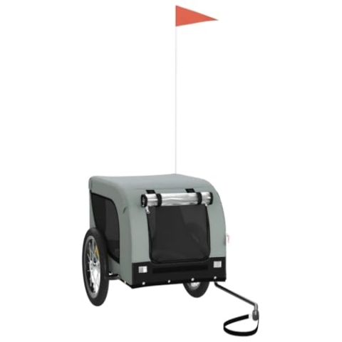 vidaXL Fahrradanhänger für Hunde, Hundeanhänger mit Reflektoren Flagge, Hundetransporter Maximale Belastbarkeit 45kg, Grau Schwarz Oxford-Gewebe Eisen