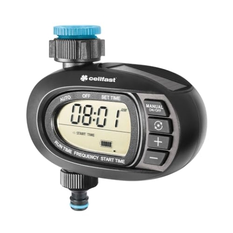 Cellfast Solar-Bewässerungssteuerung Ergo™ übersichtliches Display, Lithium-Batterie, Solarbetrieb, intuitive Bewässerungsprogrammierung, G3/4" und G1, 52-290, schwarz/blau