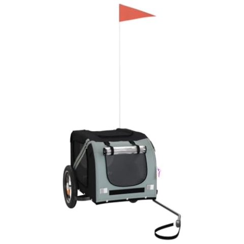 vidaXL Fahrradanhänger für Hunde, Hundeanhänger mit Reflektoren Flagge, Hundetransporter Maximale Belastbarkeit 30kg, Grau Schwarz Oxford-Gewebe Eisen