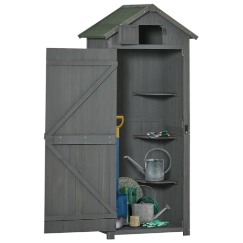 Outsunny Gartenschrank Gartenhaus Gerätehaus Geräteschuppen mit Fachböden Asphaltdach Fenster Holz Grau+Grün 77 x 54,2 x 179 cm