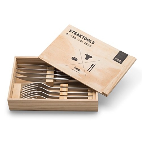 höfats - Steakbesteck 8-teilig mit Steakmesser, Steakgabel und Holzkiste - Besteckset 4 Personen - rostfreier Edelstahl