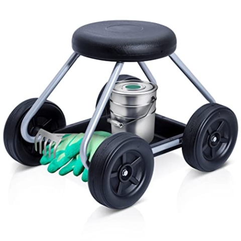 Maximex Rollsitz Secura, Gartenarbeit im Sitzen, Rücken- & Knieschonend, Belastbar bis 130kg, Rollbarer Gartensitz mit Ablage, Leichtgängig, Mobiler Arbeitshocker, Gepolsterter Sitz