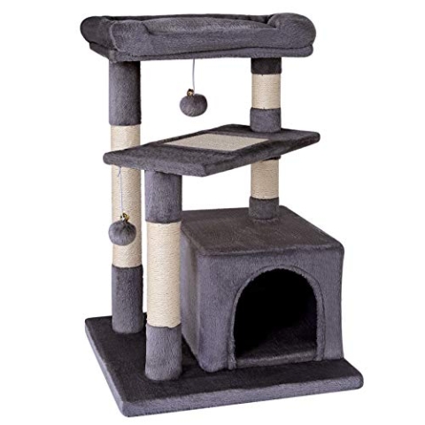 lionto Kratzbaum für Katzen mit gemütlicher Liegefläche & Höhle, Höhe 75 cm, Katzenbaum mit Sisalseil & weichem Plüsch, 2 Plüschbälle inkl. Glöckchen, für kleine & große Katzen geeignet, dunkelgrau