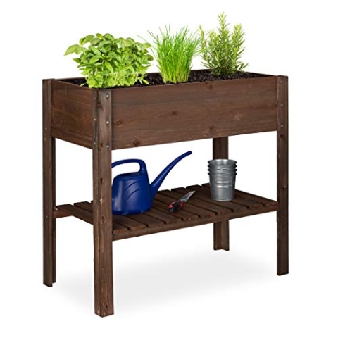 Relaxdays Hochbeet Holz, Ablagefach, Pflanzkasten Balkon, Terrasse, Garten, Kräuterbeet, HBT 80x88x43,5cm, dunkelbraun, Braun / Bronze / Kupfer