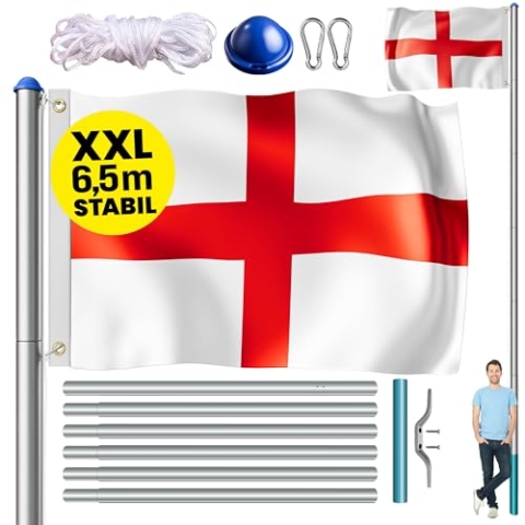 MONZANA® Fahnenmast 6,5m Seilzug Bodenhülse inkl. England UK Vereinigtes Königreich Flagge Englandfahne Fahne höhenverstellbar Flaggenmast Aluminium Teleskop Fahnenstange