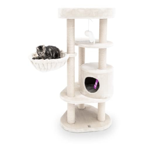 Petrebels Kratzbaum Charlotte 134 cm hoch, Premium Qualität Katzenbaum mit Hängematte, Liegefläche und Höhle, Farbe Beige/Creme