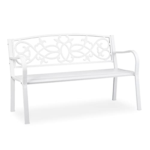 Relaxdays Gartenbank, nostalgisch, 2 Sitzer, wetterfest, Gusseisen & Stahl, Premium Sitzbank, HBT: 78x124,5x58 cm, weiß
