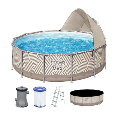 Steel Pro Max™ 396 x 107 cm runder Aufstellpool mit Kartuschenfilter, Plane, Markise, Leiter