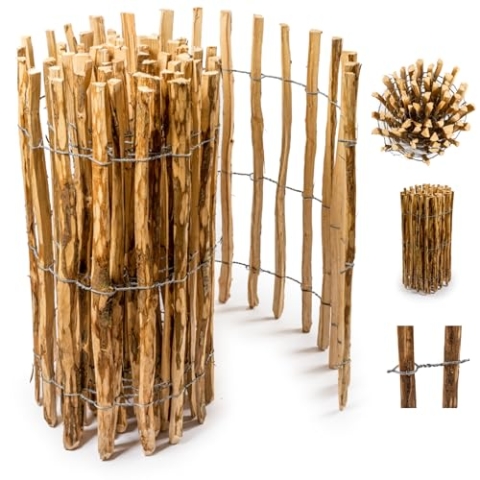 Floranica Staketenzaun aus Haselnuss Kastanie 5m lang x 70cm hoch 8-10cm Höhe Lattenabstand, Gartenbegrenzung,Hundezaun, Holzzaun beetzaun - Optimal für jede Gartengestaltung