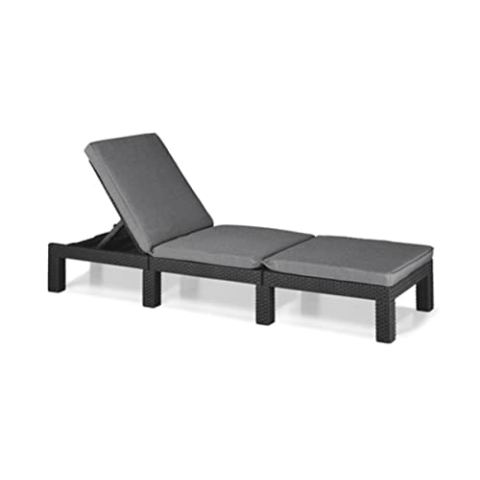 Allibert by Keter Daytona Deluxe Sonnenliege für Garten, Terrasse & Balkon mit verstellbarem Kopfteil, grau, inkl. Auflage, Gartenliege aus Kunststoff, flache Rattanoptik, 195x65x25,5 cm