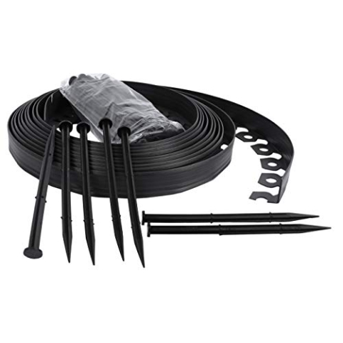 Flexible Rasenkante aus Kunststoff, Kunstraseneinfassung, Mähkante, Beeteinfassung, Beetumrandung, schwarz + Befestigungsnägel - 4cm Hoch (50m, Schwarz)
