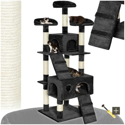 tectake® Katzen Kratzbaum groß, Katzenbaum mit 3X Sisal Kratzsäule sowie Katzen Zubehör 3X Liegeplatz sowie 1x Katzenhöhle und 2X Katzentreppe, mittelhoch für Katzen, Kitten und Kater - schwarz