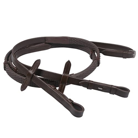 QHP Zügel rutschfeste Gummizügel Reitzügel mit Stegen und Blindschnallen (Pony, BRAUN)