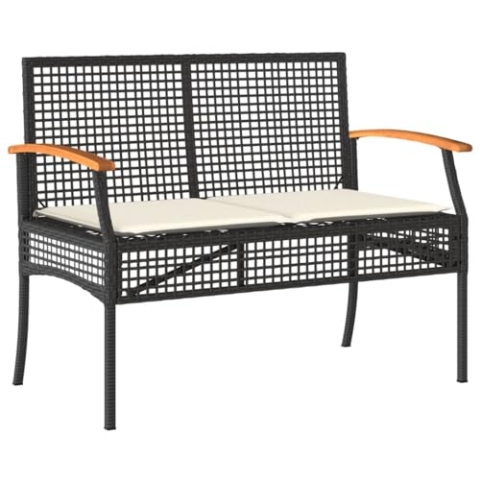 vidaXL Gartenbank, Sitzbank mit Kissen, Parkbank Stahlrahmen, Gartenmöbel Outdoor Bank Rattanmöbel, Schwarz Poly Rattan Akazienholz