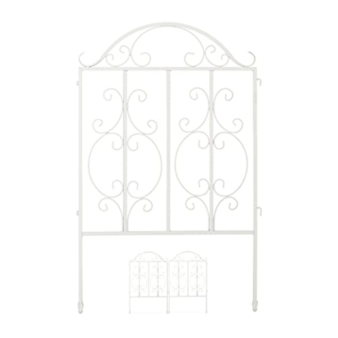 Relaxdays Gartenzaun aus Stahl, Zaunstecksystem 3er Set, verzierter Vorgartenzaun, Zaunelement HxB: 98 x 63,5 cm, weiß, 3