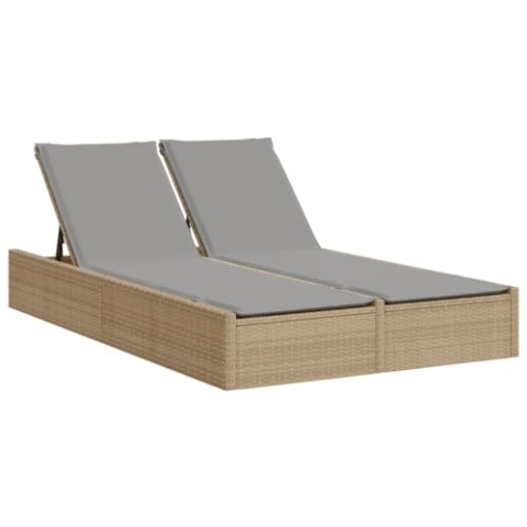 vidaXL Sonnenliege, Doppelliege mit Auflagen, Gartenliege Verstellbare Rückenlehne, Relaxliege Liege Gartenmöbel, Beige Poly Rattan