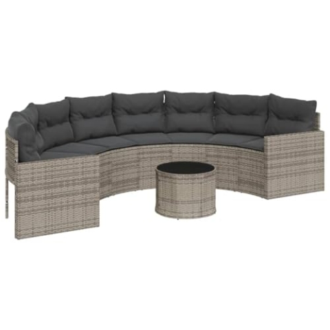 vidaXL Gartensofa mit Tisch und Kissen Halbrund Grau Poly Rattan, Terrassensofa, Loungesofa, Loungemöbel, Outdoor Sofa, Lounge Set, halbrundes Sofa
