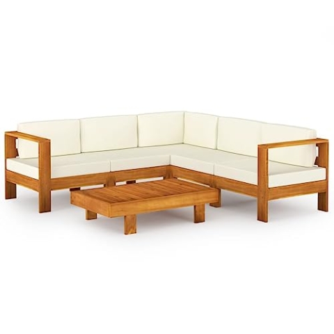 vidaXL Akazienholz Massiv Gartenmöbel 6-TLG. mit Creme Auflagen Sofa Lounge Sitzgruppe Garten Garnitur Gartenset Ecksofa Mittelsofa Gartensofa