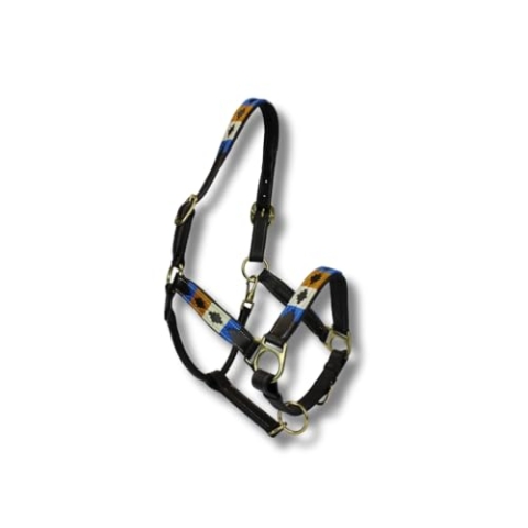 MTB Equestrian Exklusives Lederhalfter Mit Polo-Design – Beidseitig Verstellbar – Hochwertiges Leder – 10 Farbvarianten – Cob & Full (Gold Weiß Blau, Cob)