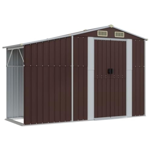 vidaXL Gerätehaus, Geräteschuppen mit Kaminholzregal, Garten Schuppen mit Schrägdach, Gartenhaus Metallschuppen, Braun Verzinkter Stahl