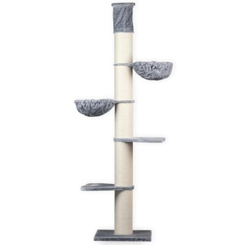 RHRQuality Kratzbaum für große Katzen – Maine Coon Tower Plus – 245 bis 265 cm hoch – Mit extra dicken 20 cm Sisalstämmen – Hellgrau
