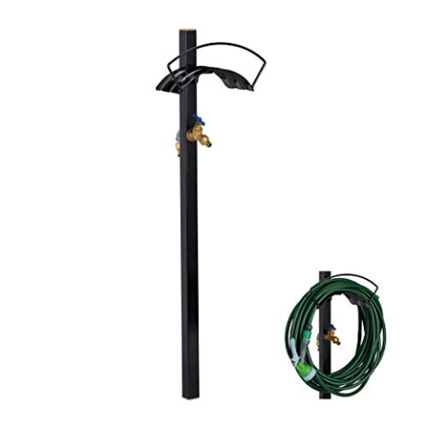 Relaxdays Garten Zapfstelle mit Schlauchhalter, 2X 3/4" Anschlüsse, für 45m Schlauch, Stahl, HBT 107,5x33x18 cm, schwarz