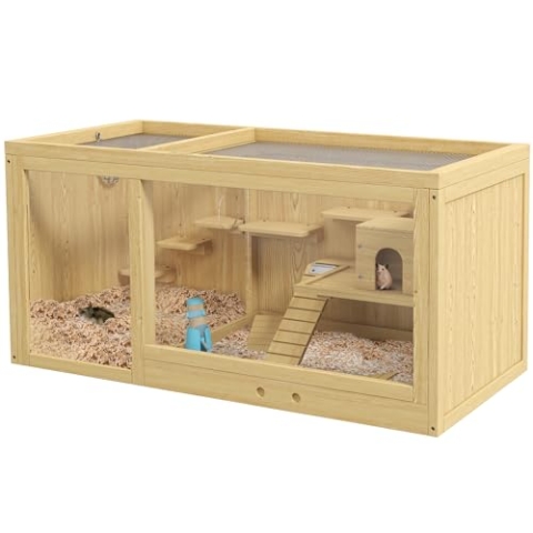 PawHut Hamsterkäfig aus Holz Nagerkäfig Kleintierkäfig mit klappbarem Deckel Schaukeln, Leitern Futternapf und Zubehör, Holzkäfig Käfig für Hamster Zwerghamster Rennmaus 100 x 50 x 50cm Natur