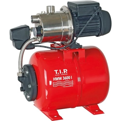 T.I.P. 31188 Hauswasserwerk HWW 3600 I (Fördermenge max. 3.600 l/h, Förderhöhe max. / Druck max. 40 m / 4,0 bar, 650 Watt, 18 l Stahl-Druckkessel, Druckschalter und Manometer)