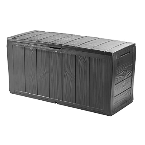 Keter Kofferraum aus Resin aus Paneelen in Holzoptik, inklusive Rollen, abschließbar, 117 x 45 x 57,5 cm, 270 Lt, Graphitgrau