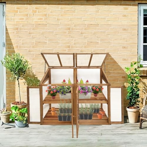 Lendo Online Gewächshaus - Frühbeet aus Holz - Greenhouse - Treibhaus - Frühbeetkasten mit Doppeltür - Pflanzenhaus - Aufzuchtschrank Fichtenholz Kiefernholz mit PC-Platten (Braun mit Doppeltür)