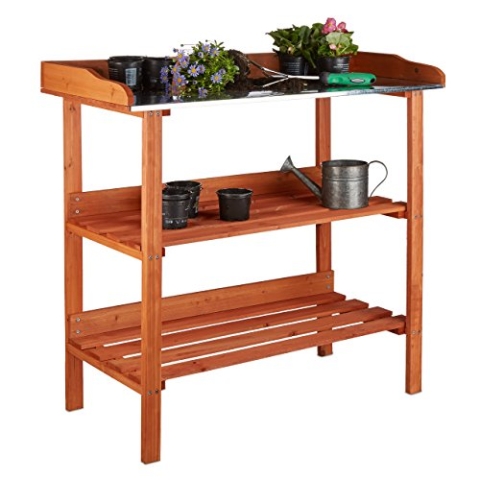 Relaxdays Pflanztisch, Holz, Metallplatte, 3 Ebenen, Arbeitsplatte Gewächshaus, HBT: 87,5 x 91,8 x 41,5 cm, orange