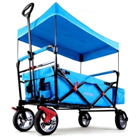 Fuxtec Bollerwagen faltbar FX-CT500 Türkis mit Dach - Transportwagen klappbar | inkl. Hecktasche & Verstellbarer Ziehstange | Feststellbremse | Vollprofilreifen | Handwagen/Leiterwagen – Das Original