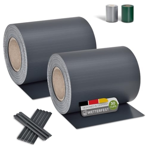 Juskys PVC Sichtschutzstreifen Doppelstabmatten Zaun 2er Set - 2 Rollen á 35m x 19cm - 60 Befestigungsclips - Zaunfolie Sichtschutz Windschutz - anthrazit