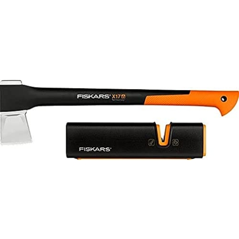 Fiskars Axt-Set, Spaltaxt: Inklusive Klingen- und Transportschutz, Länge: 60 cm, Antihaftbeschichtet, X17-M, 1,53 kg; Axt- und Messerschärfer: Keramik- Schleifkopf, Xsharp, 1020182