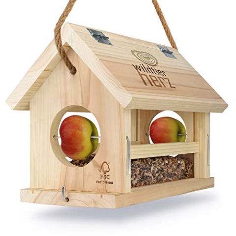 wildtier herz I Vogelfutterhaus M Handarbeit aus Natur-Holz für Gartenvögel wetterfest, naturbelassen I 30cm x 23.5cm x 20cm | Vogelhaus zum Aufhängen im Garten und Balkon