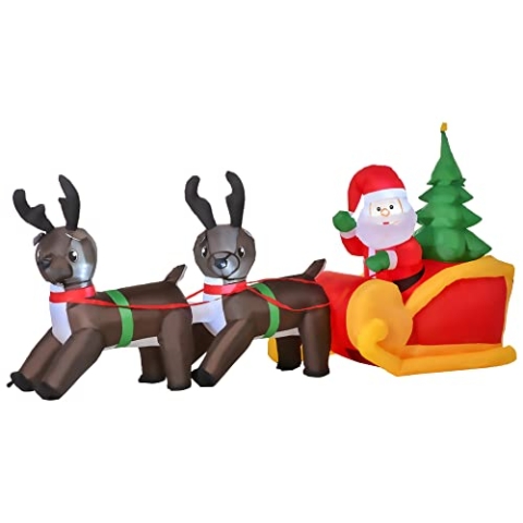 HOMCOM LED Figur Motiv Weihnachtsmann mit Schlitten und Rentieren Schneemann Weihnachten aufblasbar Weihnachtsdeko beleuchtet Garten, L230 x B60 x H120 cm, IP 44, warm weiß