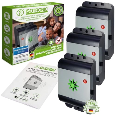 ISOTRONIC 3 Stück Mäuseabwehr/Rattenabwehr mit Ultraschall, Schädlingsvertreiber elektronisch für Haus, Keller, Garten, Mäuse und Ratten vertreiben ohne Chemie und Mäusefalle