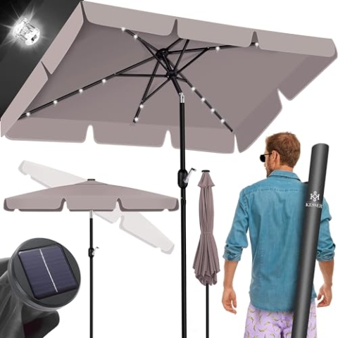 KESSER® Sonnenschirm Balkonschirm Rechteckig LED Solar mit Kurbel Inkl. 2in1 Schutzhülle, Gartenschirm, Schirm 205 × 125cm für Balkon Garten & Terrasse verstellbar knickbar Taupe