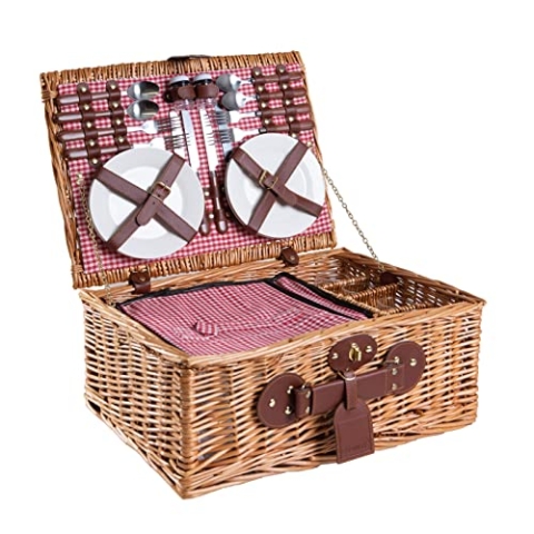 eGenuss Picknickkorb 4 Personen Kühltasche Picknicktasche 4 Personen Picknickkorb mit Kühlfach und Picknick Zubehör Geschirr Bestecke Weingläser - ROT