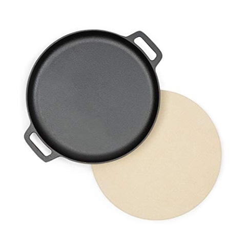 Klarstein Tomahawk 3.1 S Brat- & Back-Set - 2-teiliges Zubehör: Bratpfanne & Pizzastein, Ø 29 cm, Material Pizzastein: Schamotte, Material Pfanne: Gusseisen, beige & schwarz