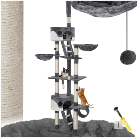 tectake Katzen Kratzbaum, Katzenbaum XXL, Kratzbaum deckenhoch, höhenverstellbar von 243-260cm, Kletterbaum mit Treppe, Höhle, Röhre, Liegemulde und Sisalsäule - grau/weiß