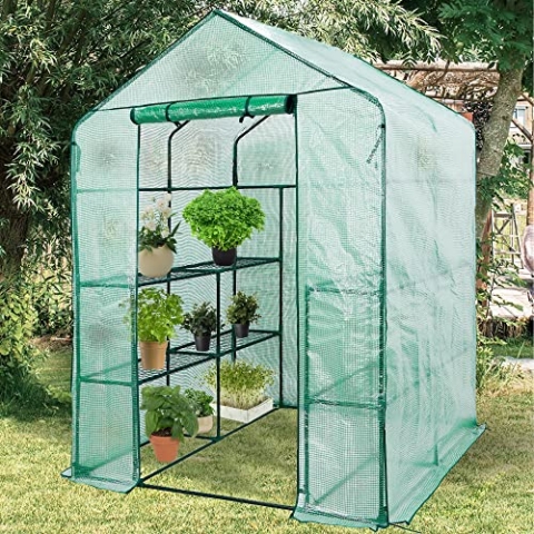 Lendo Online Gewächshaus und wasserdichter PE-Gitterfolie - Foliengewächshaus- grün - Stahl - Tomatengewächshaus - Gartenhaus mit Pflanzenhaltern aus Stahl - Treibhaus - Balkon/Garten 143x143x196cm