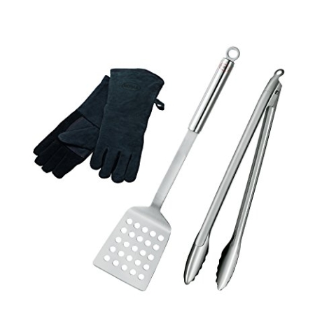 RÖSLE Barbecue-Set 3-tlg., Hochwertiges Grillset mit Leder-Grillhandschuhe, BBQ-Wender, Grillzange 40 cm, Edelstahl 18/10, spülmaschinengeeignet
