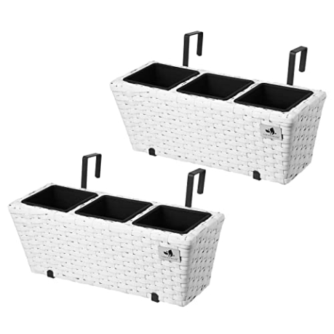 GARTENFREUDE Polyrattan Balkonkasten Blumenkasten 2 Stück inkl. Aufhängung, 47 x 17 x 15 cm, mit 3er Kunststoffeinsatz, weiß