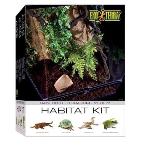 Exo Terra Rainforest Habitat Kit, Terrarien Starter Set Regenwald, inkl. Abdeckung, Thermometer, Hygrometer, 2 künstlichen Pflanzen, Bodengrund, Wassernapf, 2 Lianen, 45 x 45 x 60cm
