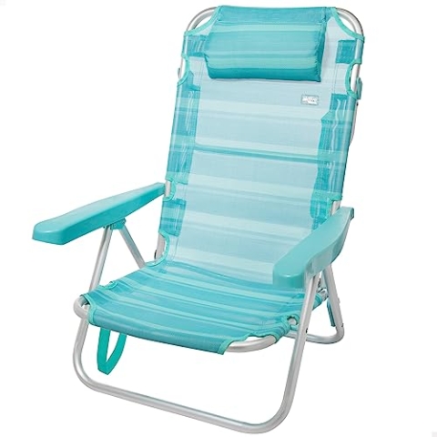 Klappbarer Strandstuhl mit Kissen, Multipositionsstuhl, 5 Positionen, 48x46x84 cm, Sitzhöhe 21 cm, maximales Gewicht 100 kg, verstärkte Struktur, Aluminium und PVC, Aktive BeACH